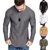 Męskie Solid Colors Koszulka Moda Trend Folds Z Długim Rękawem Okrągły Neck Skinny Topy Tees Odzieżowa Spring Męski Nieregularny Hem Casual Slim Tshirt