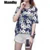 Nkandby زائد الحجم t-shirt قمم للنساء الصيف الأزهار الطباعة تي شيرت عارضة فضفاض قصيرة الأكمام الخيزران القطن شيرت كبير 210306