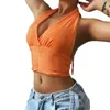 Sommar Kvinnor Trendig Närmätande Sexig Vest Orange Solid Färg Deep V-Neck Ärmlös Backless Folds Crop Tops S / M / L Y0824