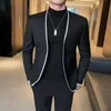 Men's Suits & Blazers Black Casual Men With Round Collar 2 Piece Blazer Pants Slim Fit Wedding Tuxedo For Groomsmen Male Fashion Clothes