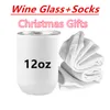 Sublimazione Bicchieri da vino Calzini Set regalo Decorazioni natalizie Regali 12 once Bicchieri da vino bianchi vuoti e calze Bottiglie d'acqua a trasferimento termico A12