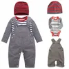 Baby Suspendern Kläder Ställer Barn Striped Romper + Suspender Byxor + Striped Mössor 3st / Set Spring Barn Fritid Bomull Outfits M1295