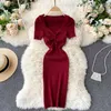 Frauen Gestrickte Bleistift Kleid Design Kordelzug V-ausschnitt Kurzarm Dünne Kleider Sommer Koreanische Streetwear Kurzes Kleid 210715