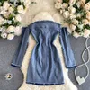 Sexy jeans dress women strapless mini party design removable long sleeve front zipper clubwear denim vestidos 210603