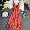 네 플레로 여름 2021 여성 드레스 솔리드 비대칭 카메인 Vestidos 한국어 V-Neck Ruffles 중간 - 송아지 길이 비치 드레스 43137 Y0823