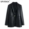 KPYTOMOA Frauen Mode Mit Metall Knopf Faux Leder Blazer Mantel Vintage Langarm Zurück Vent Weibliche Oberbekleidung Chic Veste 211019