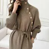 Wysokiej jakości sweter z wełny Vestido de mujer z długim rękawem Maxi Sukienki dla kobiet Single Breasted Turtleneck Koreańska odzież mody G1214