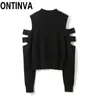 Half Collar Black Hollow Out Shoulder Off Sexy Women's Knitwear Tops Pullover Winter Autumn Elastic Knitted Club Jumpers Sweater 210527