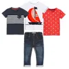 夏の子供たちの男の子の服セット4個半袖Tシャツ+デニムパンツ子供男の子服セット
