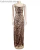 Kvinnor Sexig Leopard Print Party Dress Spaghetti Strap Ärmlös Backless Lace-up High Slit Asymmetry Maxi Dress Y1204