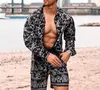 Homens Tracksuits Moda Homens Define Verão 2021 Lapela Impressão de Manga Longa Camisas Curtas Calças Casuais Juventude Slim Beach Suit Mens Trend Roupas