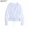 Zevity Femmes Vintage Croix Col En V Noeud Papillon Blanc Smock Blouse Femme À Manches Longues Mince Volants Kimono Chemise Roupas Chic Tops LS9101 210603