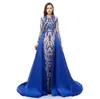 Abiti Eleganti Royal Blue Sequin Lace Prom Klänningar Långärmad Evening Kappor Faktisk Bild Mermaid Avtagbar Tåg Plus Storlek Party Gowns