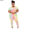 CM.YAYA Active Wear Plus Size XL-4XL Tie Dye Print Set da donna T-shirt Pantaloni impilati Tuta Tuta Set da due pezzi Fitness Outfit Y0625