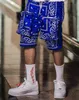 Blauw Paisley Jacquard Shorts Mannen Hip Hop Zomer Streetwear Borduren Shorts Bandana Modieuze Losse Casual Knielengte330V