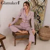 Glamaker Pink purple 2 piece suit sets Women sexy short blazer and flared pants Office lady set autumn female sets sexy outfits 210727