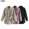 Za Kvinnor Chic Wool Coats med bälte Solid Långärmade fickor Skjorta Jackor Ytterkläder Slå ner Collar Elegant Coat 211130