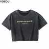 YOZOU Women Retro Vintage Letters Embroidery Summer Distressed Black O-Neck Crop Top Tee Tshirt for Female 210722