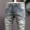 Итальянский стиль моды мужские джинсы ретро серый синий тонкий разорванный разрушенный лоскутный дизайнер винтажные повседневные джинсовые брюки Enpj
