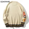 Gonthwid van Gogh Sleeve Patchwork Pullover Stickad tröja Mens Hip Hop Broderi Crewneck Knitwear Tröjor Streetwear Toppar 210918