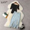 Yaz Kadın Elbise Set Moda Tasarımcısı Bir Omuz Örme Üst + Püskül Denim Etek 2 Parça Suit Eşleştirme Set Outfits 210601