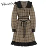 Yitimuceng Plaid Sashes Vintage Dresses Kobiety Mini A-Line Spring High Waist Rękaw Puff Peter Pan Collar Office Lady 210601