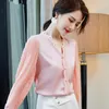 Pink V Neck Shirt Women Autumn Lace Puff Sleeve High-End Fashion Temperament Design Silk Blouses Office Ladies Formal Work Tops 210225