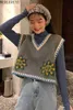 Werueruyu V Neck Vintage Sweater Vest Kvinnor Ärmlös Strikkad Tröjor Casual Höst Preppy Style 210608