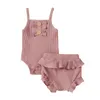 Clothing Sets 0-24M Infant Baby Girls Boy Sling Button O-Neck Knitted Sleeveless Bodysuits Tops+Ruffles Tutu Shorts Ribbed Suit