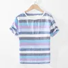 Men Tshirt Striped Short Sleeve Tee 100%Pure Linen O-Neck Tops Summer Casual Trend T-Shirts Male Fashion Clothing 210601