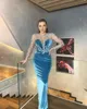 Árabe Aso Ebi azul luxuoso sexy vestidos de noite frisado cristais lace veludo manga longa festa formal segunda recepção vestidos de baile