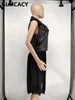 Women Turn Down Collar Zipper Design Mesh Splicing Top PU Vest 210702