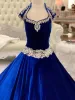 Mode Royal-Blue Velvet Pageant Dresses For Spädbarn Toddlers Teens Cap Sleeve Ritzee Roise Ball Gown Long Little Girl Formal Part244T