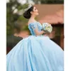 2022 bebê azul vestido de baile longo vestido de bola floral 3d flores applique fora do ombro formal noite quinceanera vestido tule