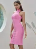 女性セクシーデザイナータートルネックピンク包帯ドレスイブニングミュージックセレブシックパーティーvestido 210527