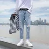 Lente zomer nieuwe Koreaanse stijl geript negen-punt jeans mannen trendy losse rechte all-match trend casual bedelaar broek G0104