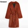 Nerazzurri Jesień Longvize Brown Soft Light Faux Fur Coat Kobiety Z Długim Rękawem Pas Casual Koreański Moda bez przycisków 211123