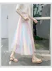 Qooth Rainbow Colorful Mesh Pleated Skirt High Waist Fairy Summer Long Sweet All Match Elastic A-Line skirt QT644 210609