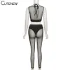 CuteeW Sexy Przędza Net See przez Dwuczęściowe Zestaw Kobiet Stroje Sleedelbra Top + Skinny Spodnie Solidne Midnight Party Clubwear X0709