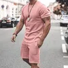 Mäns Tracksuits 2022 Sommar Män Casual Shorts Sätter TRACKSUIT Solid färgdragning Lös kortärmad T-shirtficka för fitness