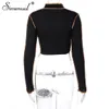 Simenual Patchwork a costine Donna Tie Front Top Fashion Lace Up Hot Sexy Scava fuori Crop Tops Club Autunno Mock Neck Bodycon Tees X0628