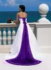 Klänningar vintage rustik satin broderi bröllopsklänning vit och marinblå 2022 plus storlek axellös laceup court tåg brud klänningar färg matche