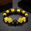 Bracciale con perline Buddha nero placcato oro Bracciale con ricchezza di ossidiana nera Feng Shui Pixiu Mani Mantra