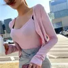 Womengaga Jesień Damska Wiosna Top Sweet Korea Slim Tank + Koszulka 2 Kawałki Pełny Rękaw Różowy Sexy Befree N9 210603