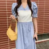 Korejpaa Women Sets Summer Korean Temperament V-neck High Waist Single-breasted Lantern Sleeve Dress Crystal Strap Tank Top 210526