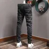 Street Style Fashion Men Jeans Black Color Elastic Slim Fit Spliced Designer Biker Big Pocket Hip Hop Denim Pants