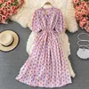 Summer Flower Printed Midi Dress Women Vintage Short Puff Sleeve Draw String Big Swing Vestidos Elegant Party Casual Robe 2021 Y0603