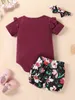 Bebê plissado guarnição bodysuit impressão floral shorts headband ela