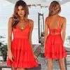 Women White Lace Halter Sexy Dress Summer Sleeveless Boho Mini Strappy Dresses Female Beach V Neck Solid Color Party Sundress Y0603
