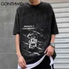 Oversized T-shirts Hip Hop Distressed Punk Rock Gothic Tshirts Casual Loose Harajuku Streetwear Short Sleeve Tees Toppar 210602
